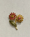 Gold Tone Sunflowers w/Leaf Orange & Red Enamel Flower Brooch Pin 1.5Ó Vintage Sunflower
