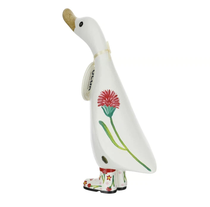 DCUK duck figurine with white body and red carnation flower
