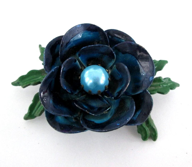 Vintage Blue Pearl Peony Flower Enamel Floral Brooch 3" Dimensional Peony