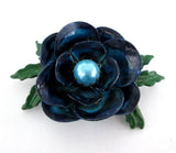 Vintage Blue Pearl Peony Flower Enamel Floral Brooch 3" Dimensional Peony