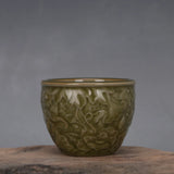 2.6"China Jingdezhen Porcelain Longquan Tea Glaze Peony Basso-relievo Flower Pot Peony