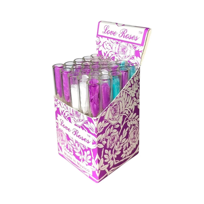 Love Roses purple thick-glass roses candle set, patterned display box with 4-inch stems