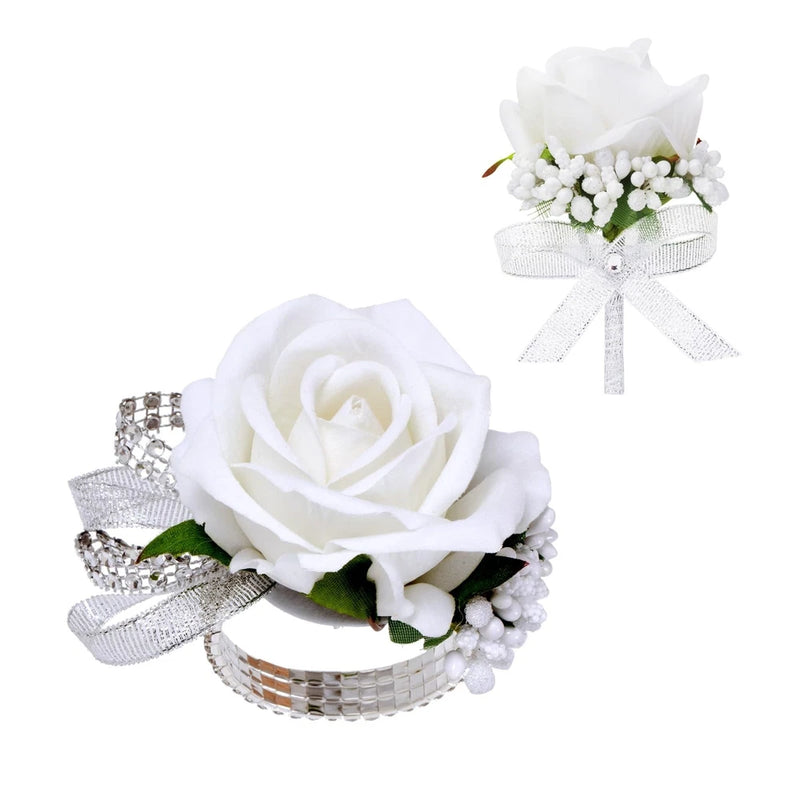 2Pcs White Rose Corsage and Boutonniere Set, Corsage Wristlet Band for Prom D... Bouquet