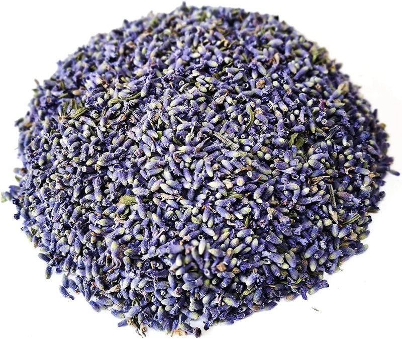 Dried lavender flower buds, small purple blooms in a loose pile