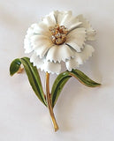 Crown Trifari White Carnation Enamel & Rhinestone Flower Brooch Vintage  1950s Carnation