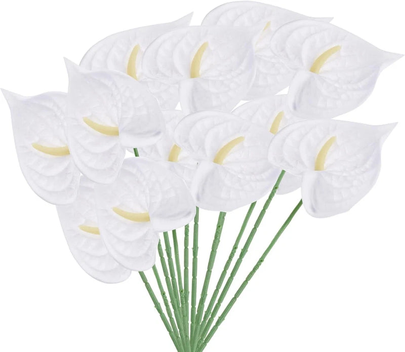 Artificial white anthurium lily flowers with green stems, 10-pack bundle