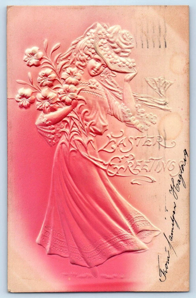 Embossed Easter greeting postcard with woman holding lilies and Easter lettering