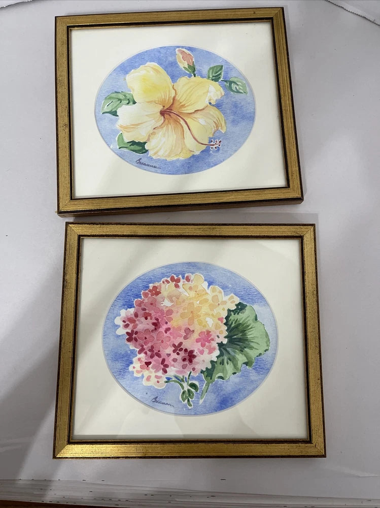 Set of 2 framed watercolor floral paintings with hydrangea and hibiscus flowers