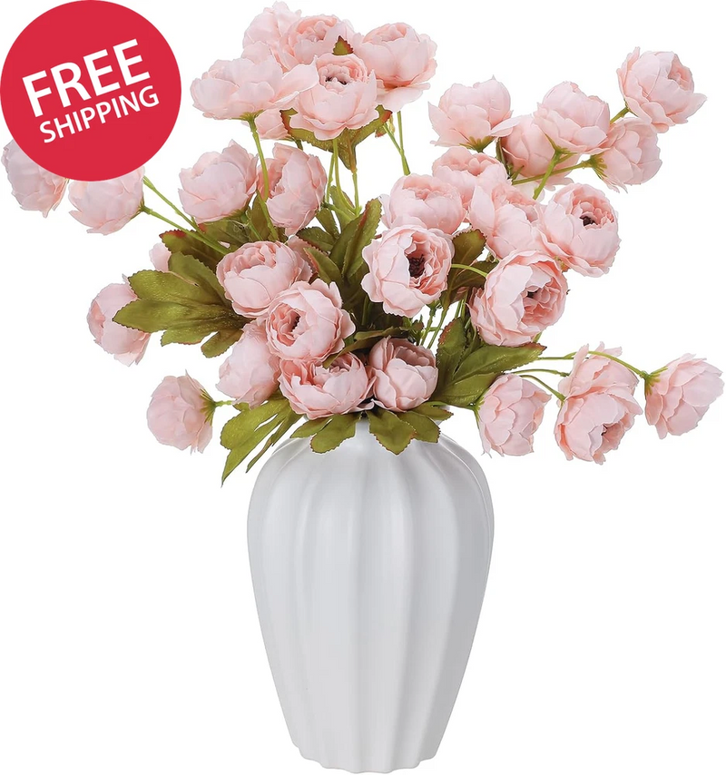 Faux Peony Flowers with Stems 8 Pcs Champagne Pink Artificial Silk Six Petals Peony