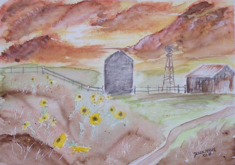 Watercolor sunflower field landscape art print with barns, windmill, and fenced path