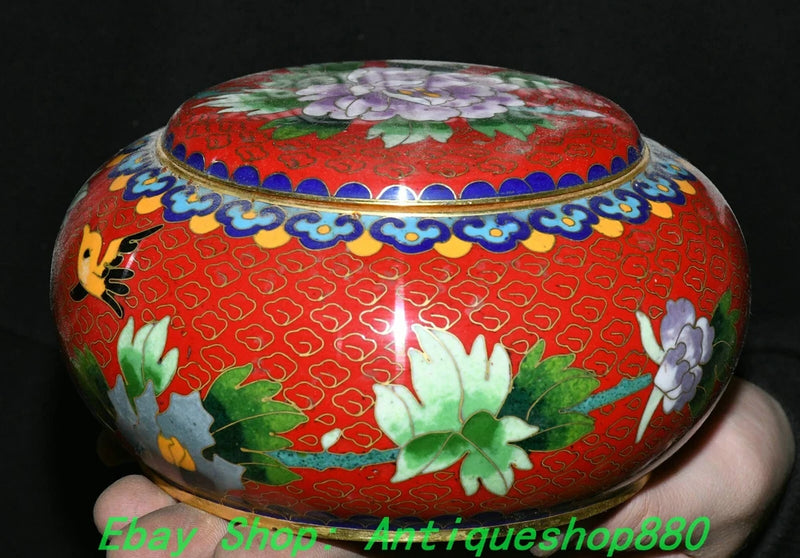 5.5''Old China Dynasty Bronze Cloisonne Enamel Peony Flower Bird Crock Pot Jar Peony