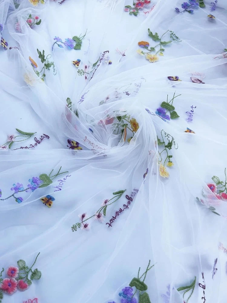 2 Yard Elegant White Lace Fabric Tulle Fabric by Yard Colorful Floral Embroidery Flowering Plants