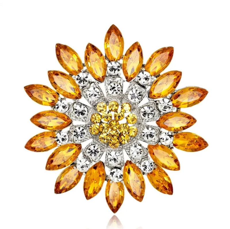 Sunflower rhinestone brooch with yellow marquise crystals and clear stones, silver tone