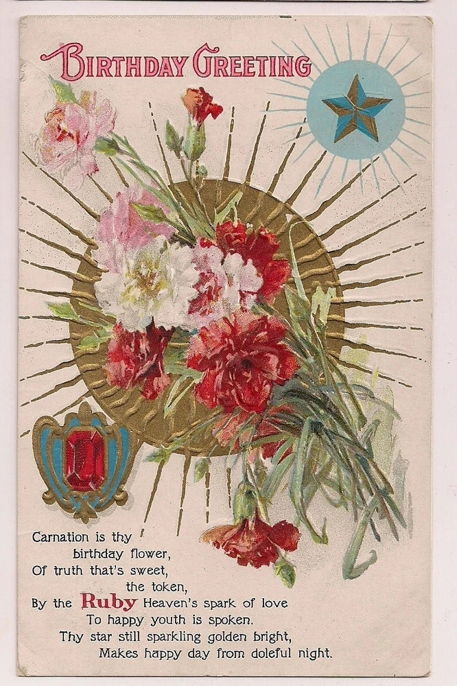 Red white Pink Carnations Birthday Ruby  Floral Flowers Postcard Carnation