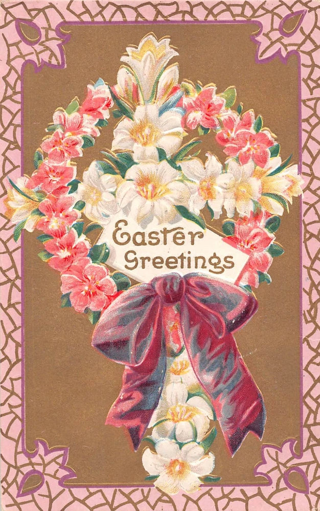 Easter greeting card with floral cross of white and pink lilies, tied with purple ribbon