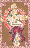Purple Bow on Wreath of Flowers on Cross Made of Lilies-1910 Easter PC Cross Ser Lily