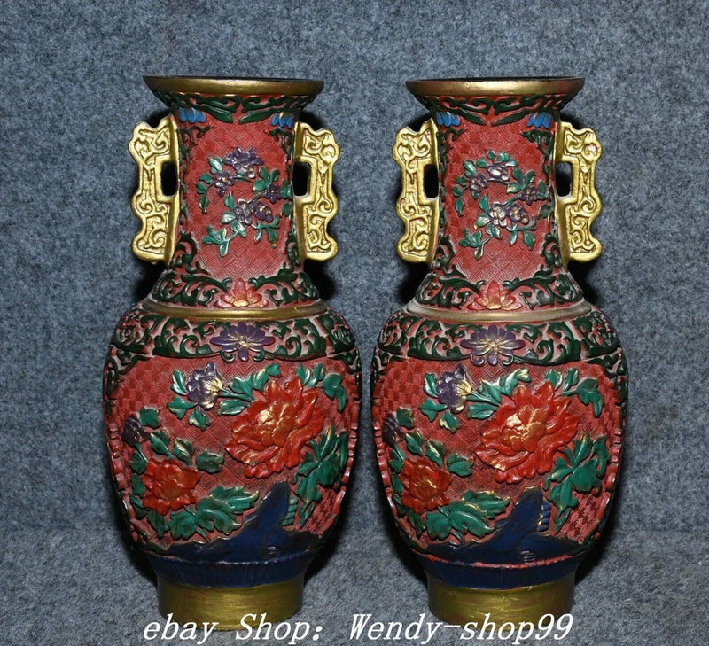 Pair of red and blue lacquer flower vases with gilt handles, peony floral painting