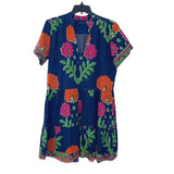 La Plage Floral Short Sleeve Tiered Cotton Short Dress Mughal Carnation Navy Mul Carnation
