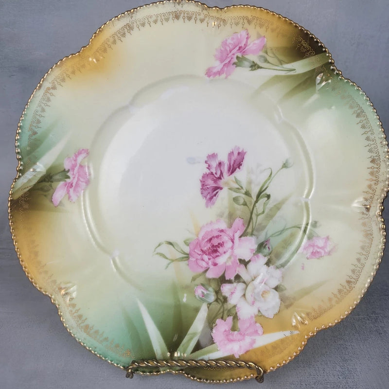 R.S. Prussia Carnation Plate 8.5Ó Hand Painted Floral Gold Gilt Cabinet Plate Carnation