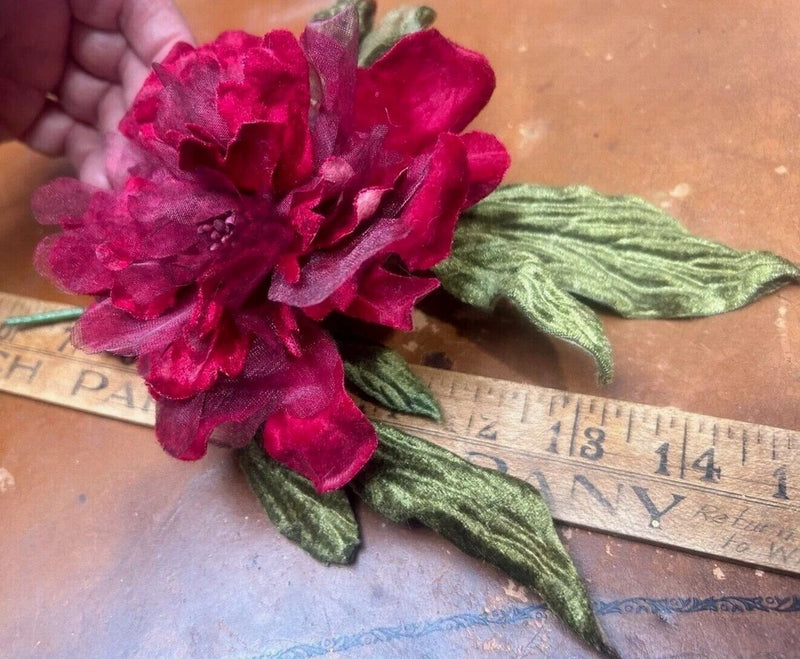 Velvet peony flower with oxblood red petals and green organza leaves, single piece