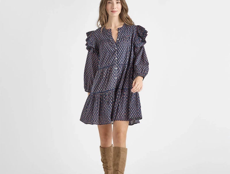 Pink Chicken Kalari Double Ruffle Dress Medium Navy Carnation New Prairiecore Carnation