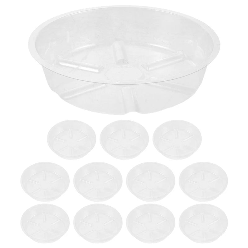 Set of 12 white plastic plant saucer trays with drainage ridges