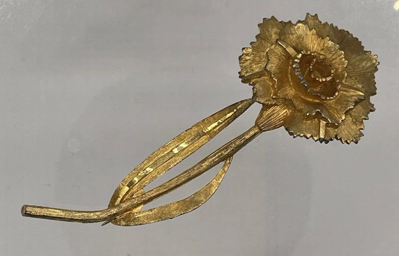 Vintage Signed RSK Gold Tone Carnation Rose Long Stem 3 7/8" Brooch Carnation
