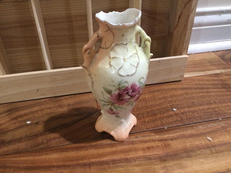 Antique white double-handle vase, hand-painted pink flowers
