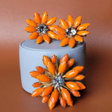 Vintage Large Daisy Flower Pronged Clip on Earring & Brooch Set Orange, Goldtone Daisies