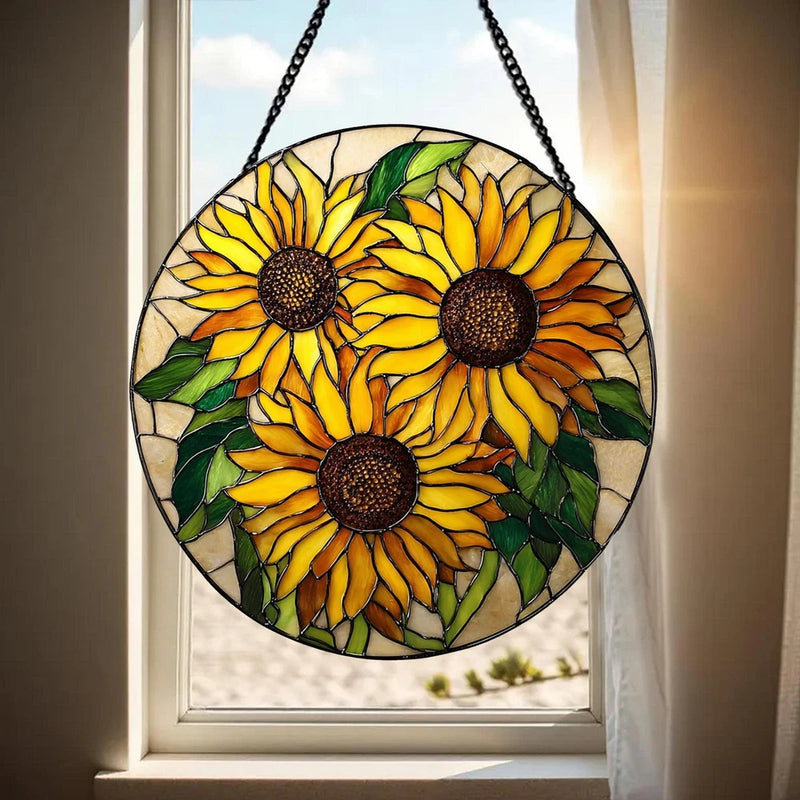 Circular sunflower stained glass suncatcher with three yellow blooms and hanging chains