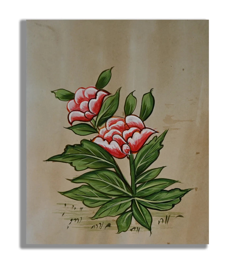 Handmade miniature painting of pink lily flowers with green leaves