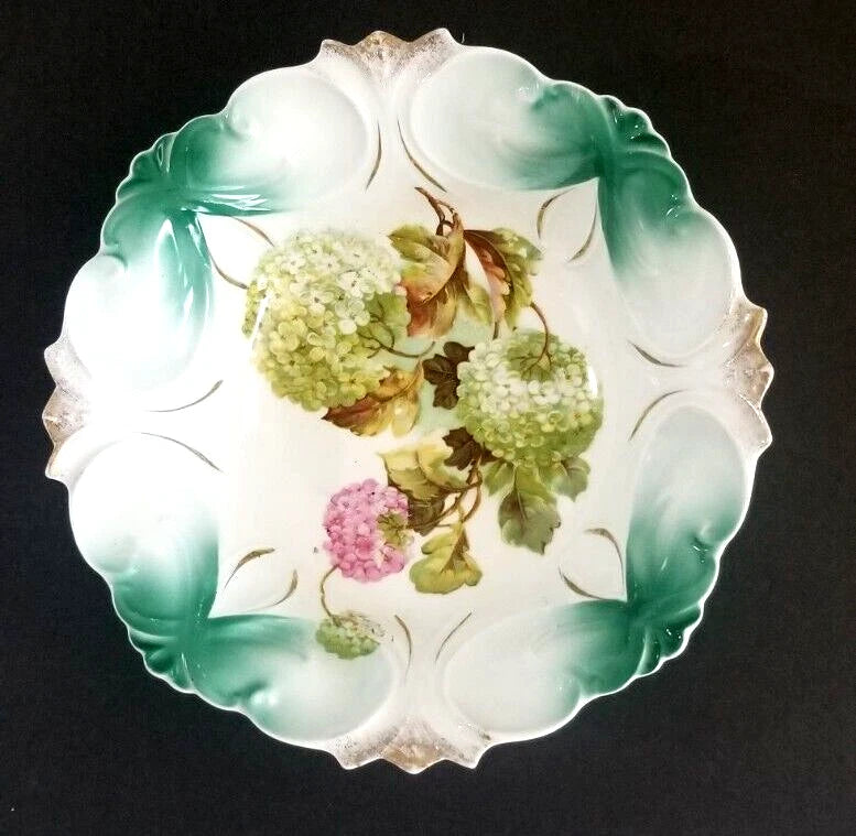 Antique Porcelain Serving Bowl Hydrangea Floral Motif 10.5" Round Germany Hydrangea