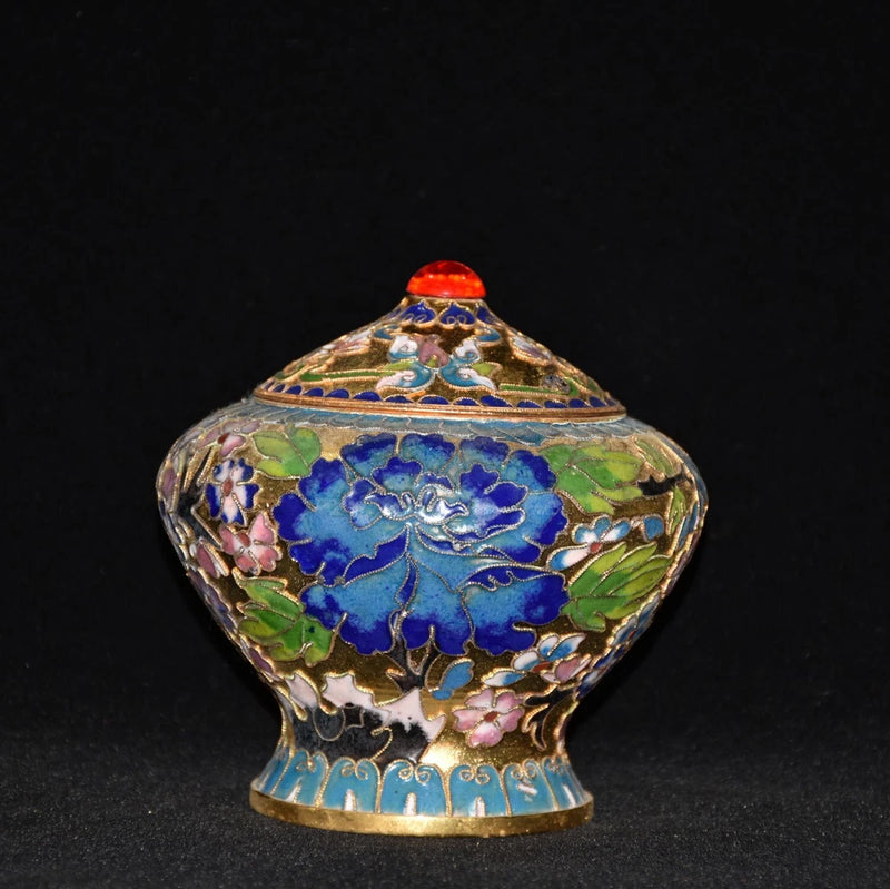 Cloisonné lidded vase with blue peony and floral enamel design