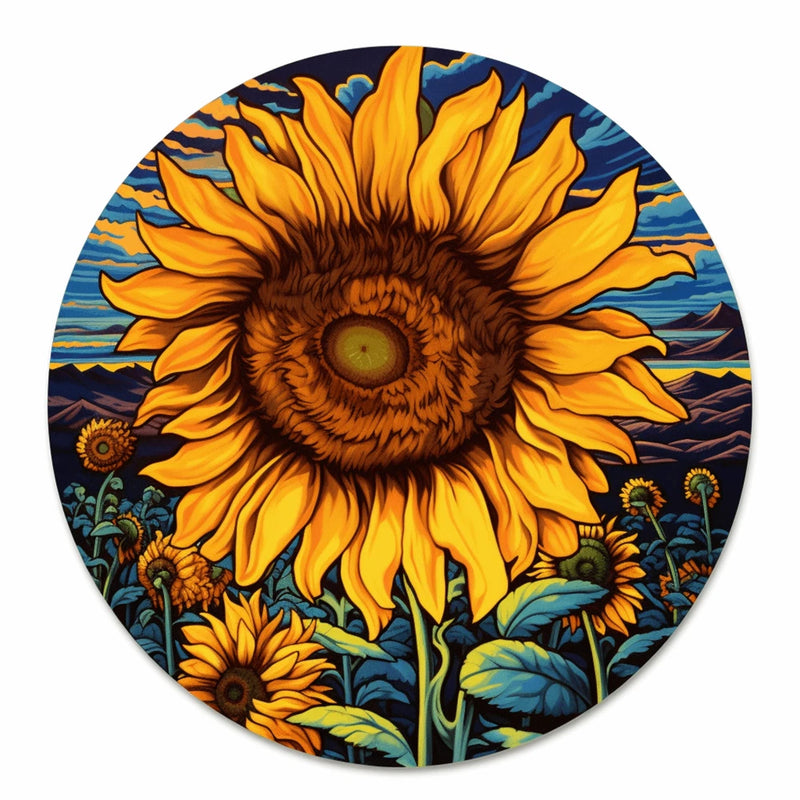 Circular sunflower vinyl decal with orange bloom and colorful landscape scene