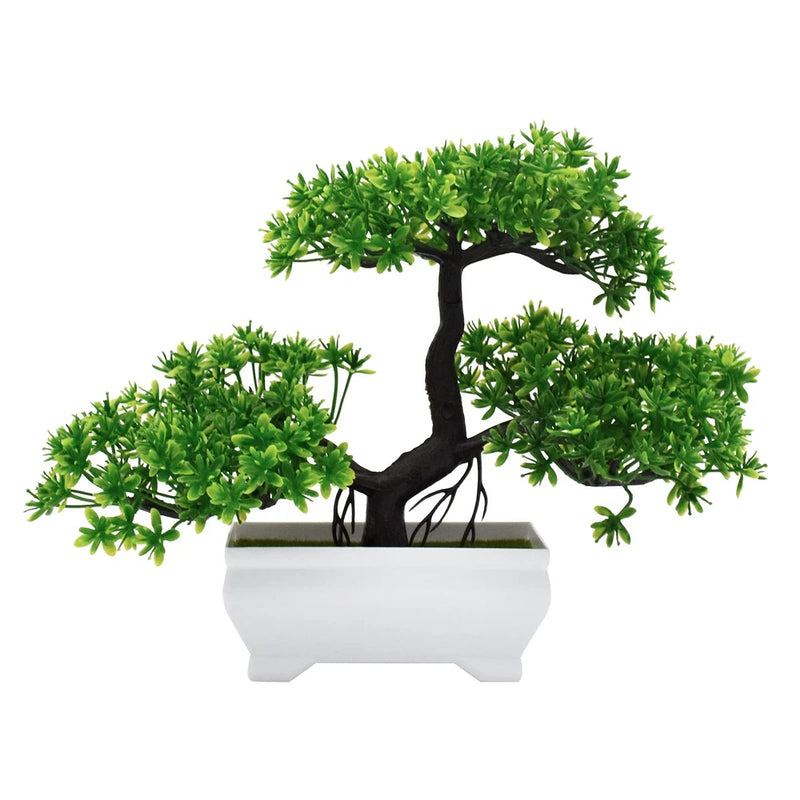 Small artificial bonsai tree with bright green cloud-like foliage in white rectangular planter