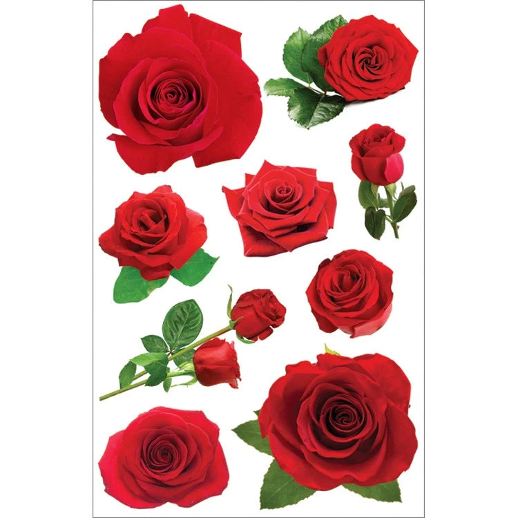 Set of red 3D rose stickers with green leaves, assorted rose shapes