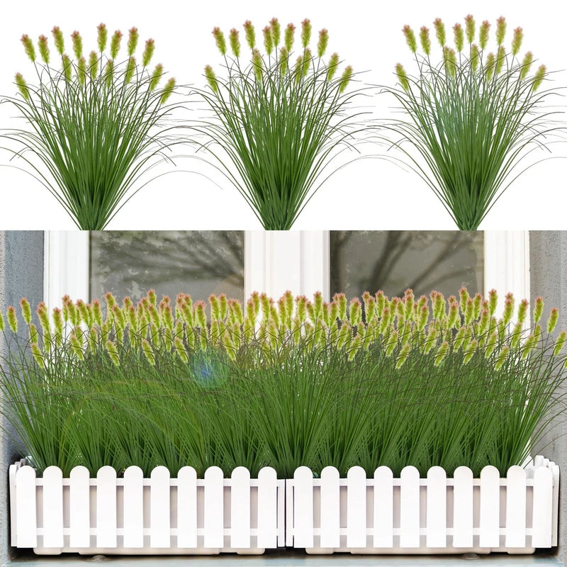 Artificial green grass plant bunches in white rectangular planter