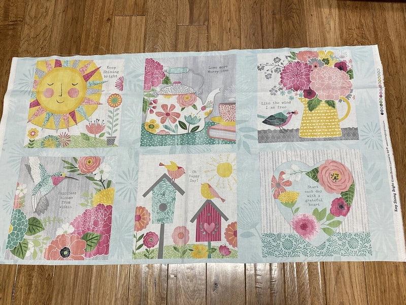 Keep Shining Bright Flowers, Birdhouses, Sunshine cotton Block Fabric panel Flowering Plants