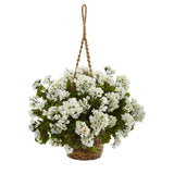 Nearly Natural 19Ó Geranium Hanging Basket Artificial Plant UV Resistant White Green Plant