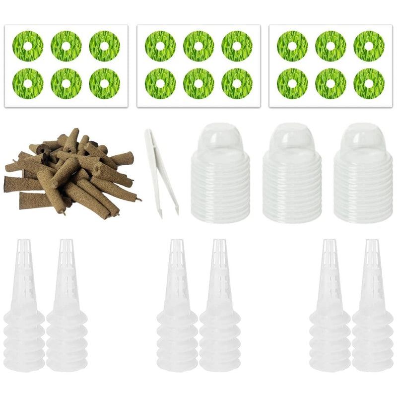Seedling planting kit pieces: green labels, brown planting plugs, white cups and covers