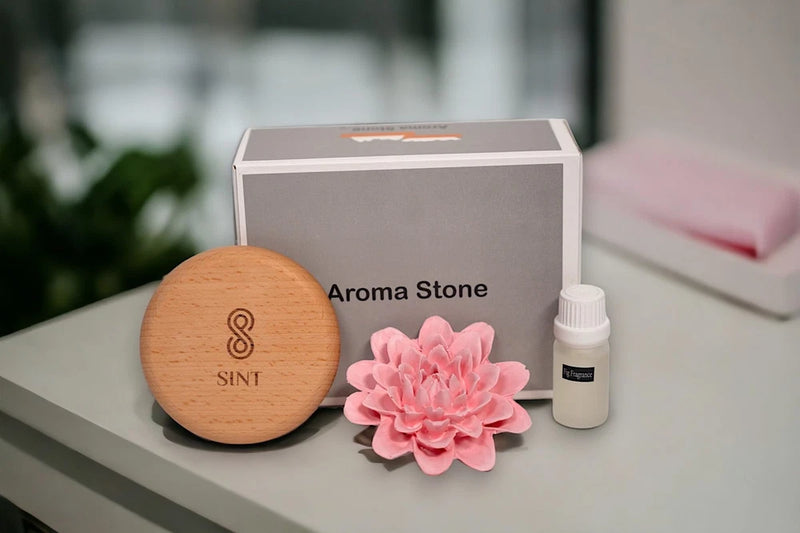 Aroma stone essential oil diffuser set with round wooden stone, SINT logo, pink peony, oil bottle