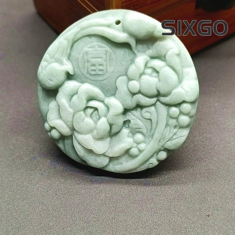 Natural Light Green Hand-carved Peony Flower Pendant Jade Necklace Pendant Peony