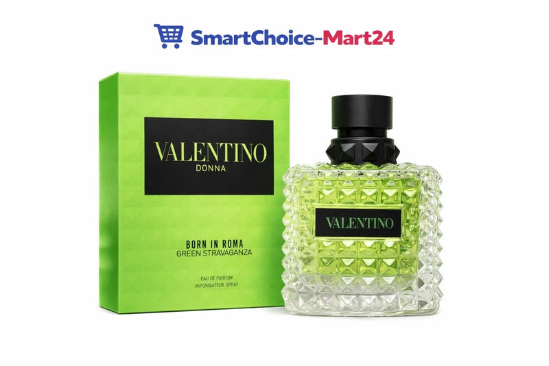 Green women's perfume with faceted glass bottle and black cap, in matching box
