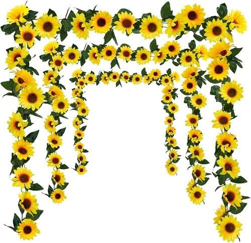Sunflower hanging flower vine garland with yellow blooms and green leaves