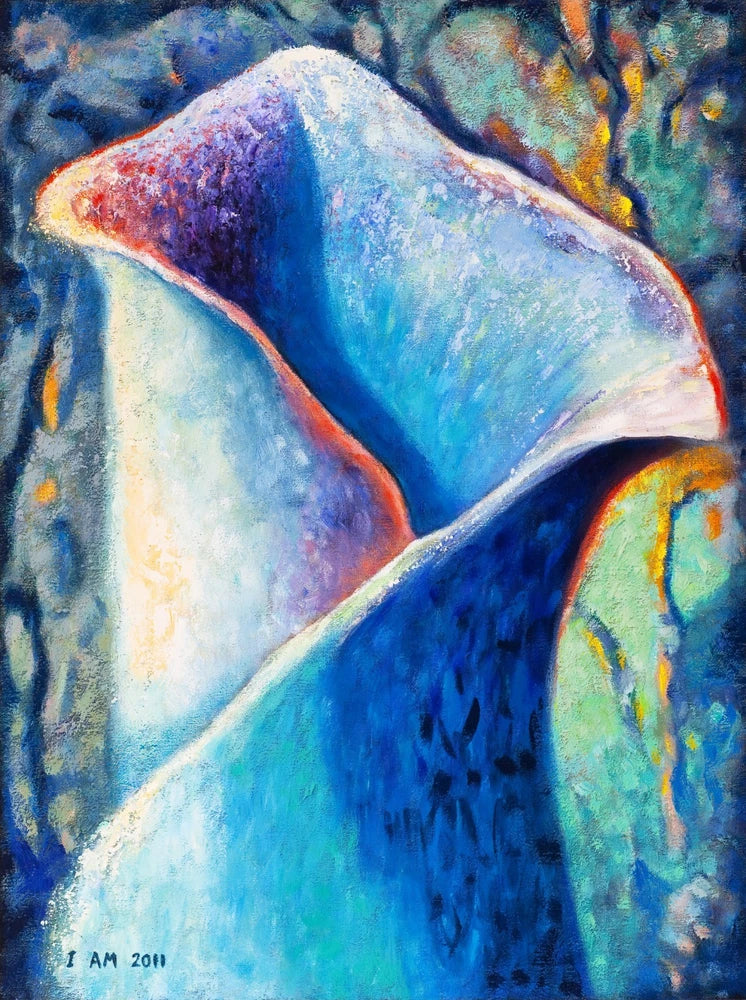 Blue lily flower acrylic painting on canvas, close-up blue petals and blossoms