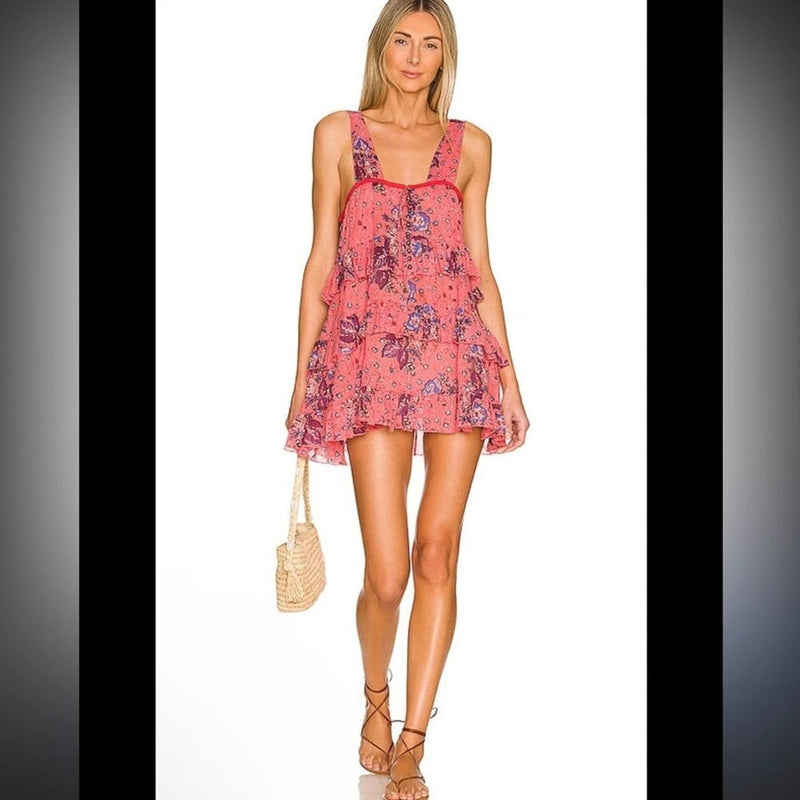 Floral tiered nightie, coral-pink sleeveless with square neckline and adjustable straps