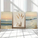 3pcs Pampas Grass Seaside Sunrise Painting Metal Print Ready to Hang Art Pampas Grass