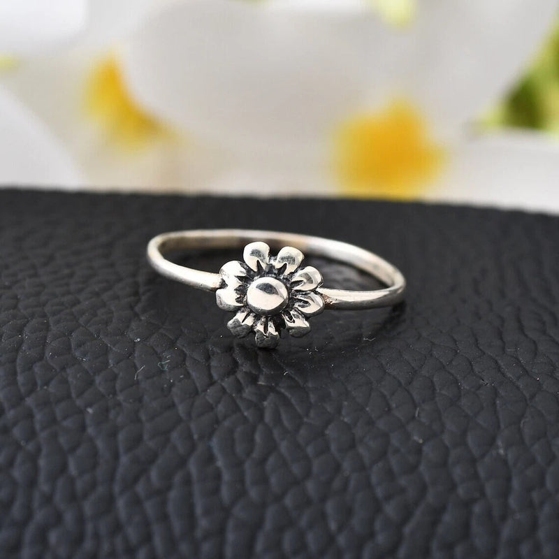 925 sterling silver sunflower stack ring with raised sunflower charm on band