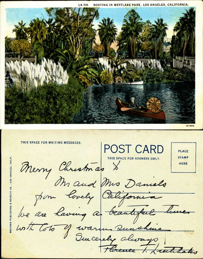 Boating in Westlake Park Los Angeles California CA parasol pampas grass 1920s Pampas Grass
