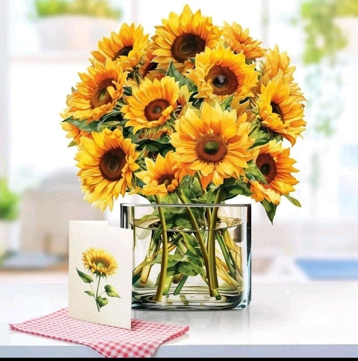 Sunflower 3D pop-up greeting card, open with sunflower design beside bouquet